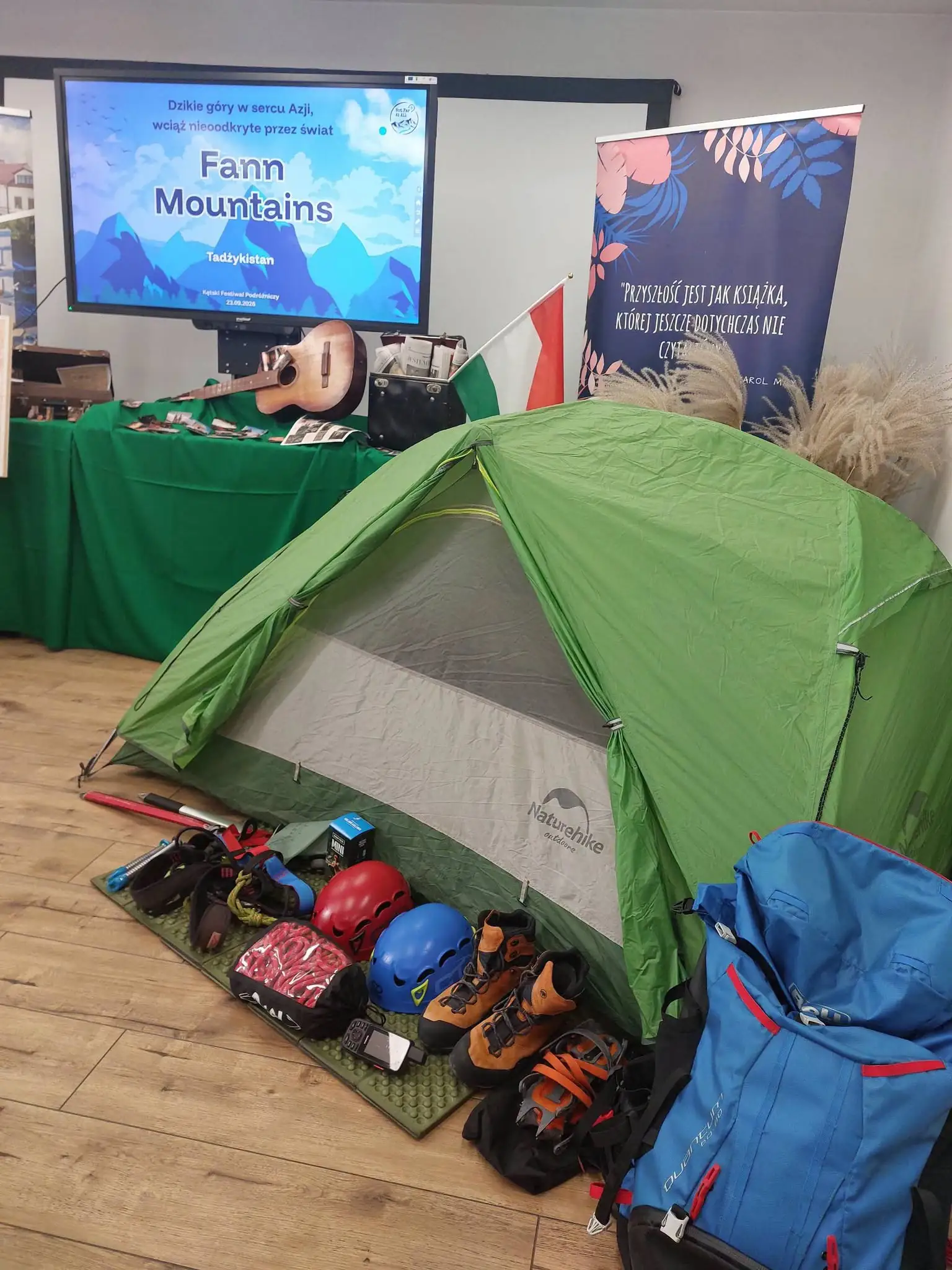 Expedition equipment displayed at the Fann Mountains talk.