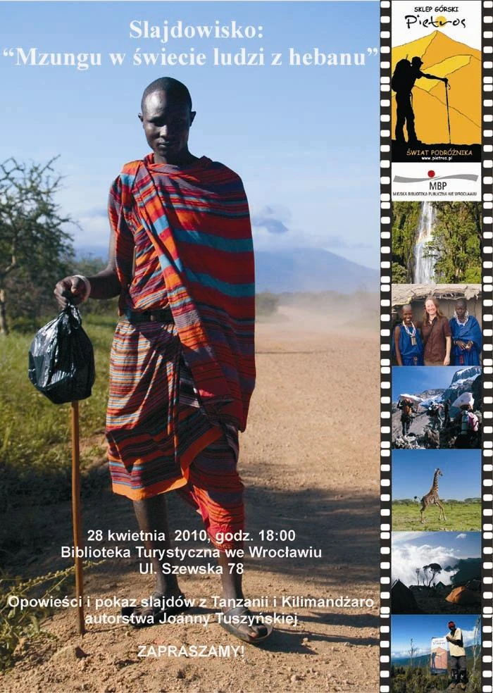 Poster for Joanna’s Tanzania and Kilimanjaro slideshow at Wrocław Tourist Library.