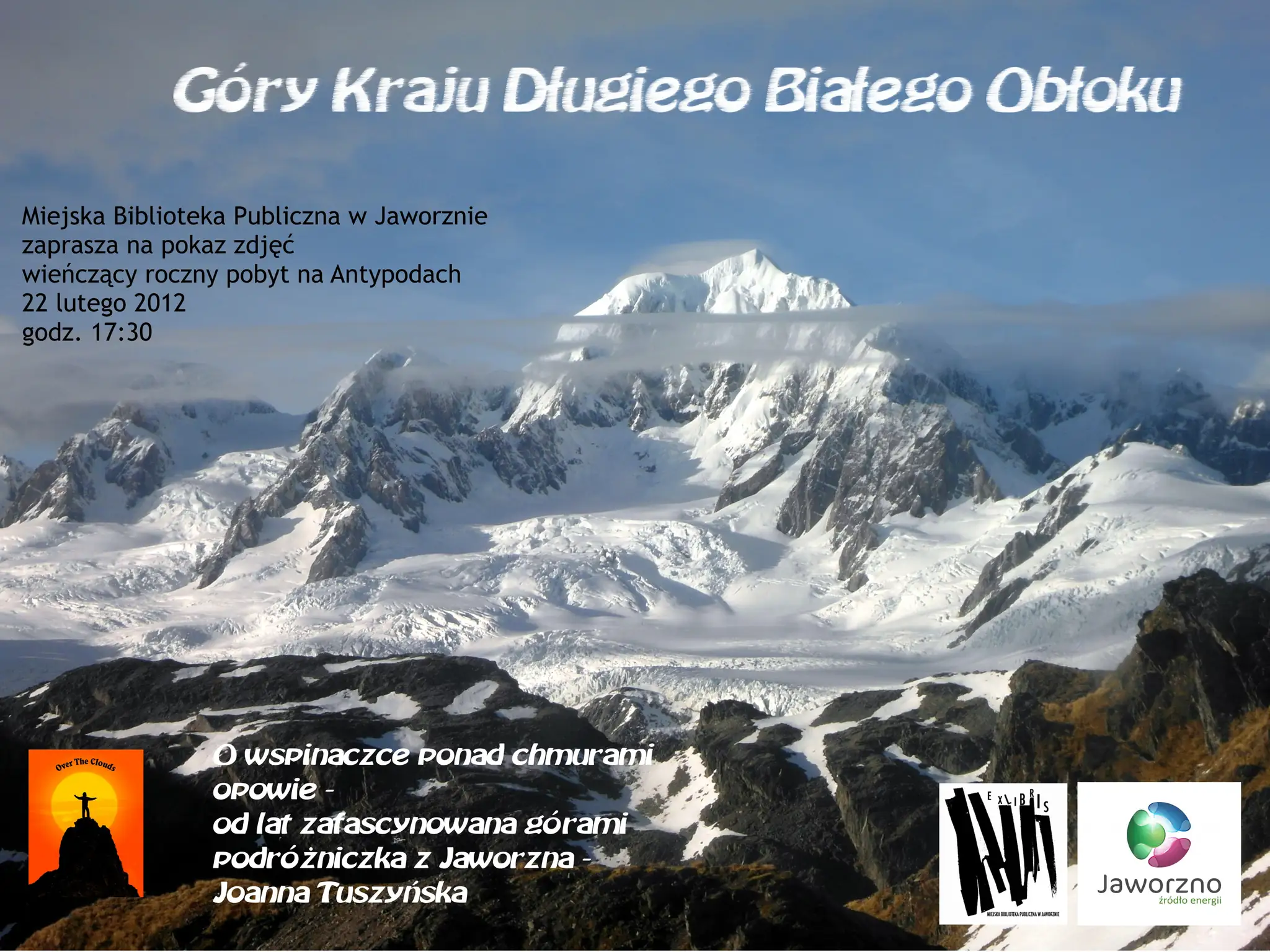 Poster for the New Zealand mountains talk at Jaworzno Public Library.
