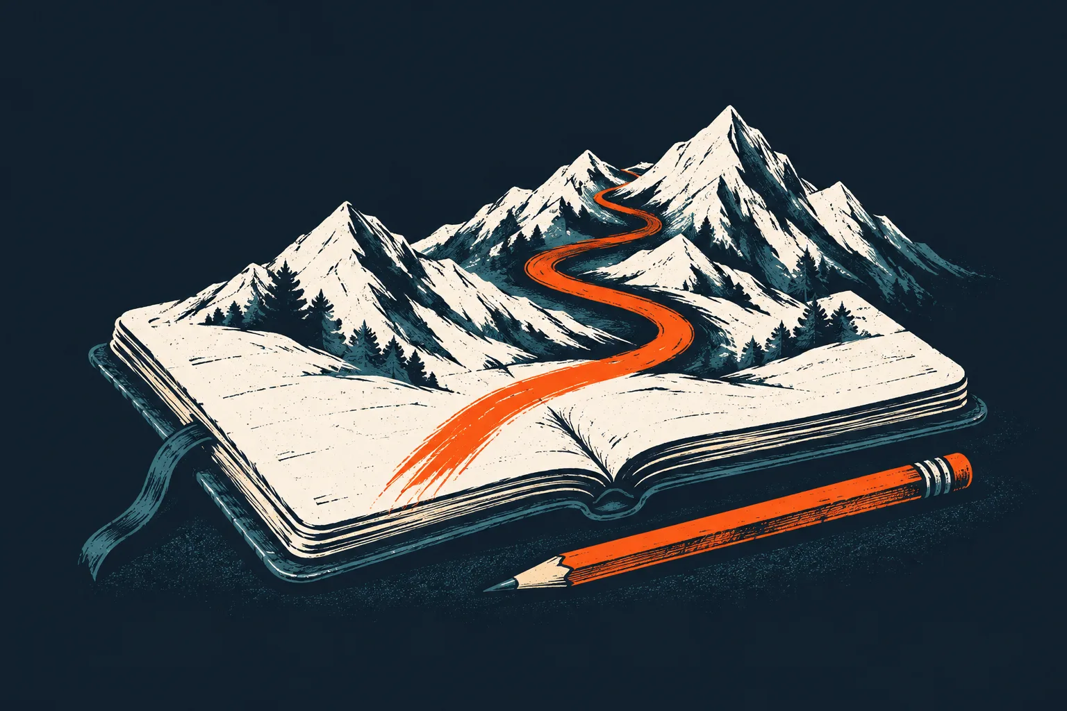 An open field notebook becomes a mountain landscape, with an orange trail and pencil.