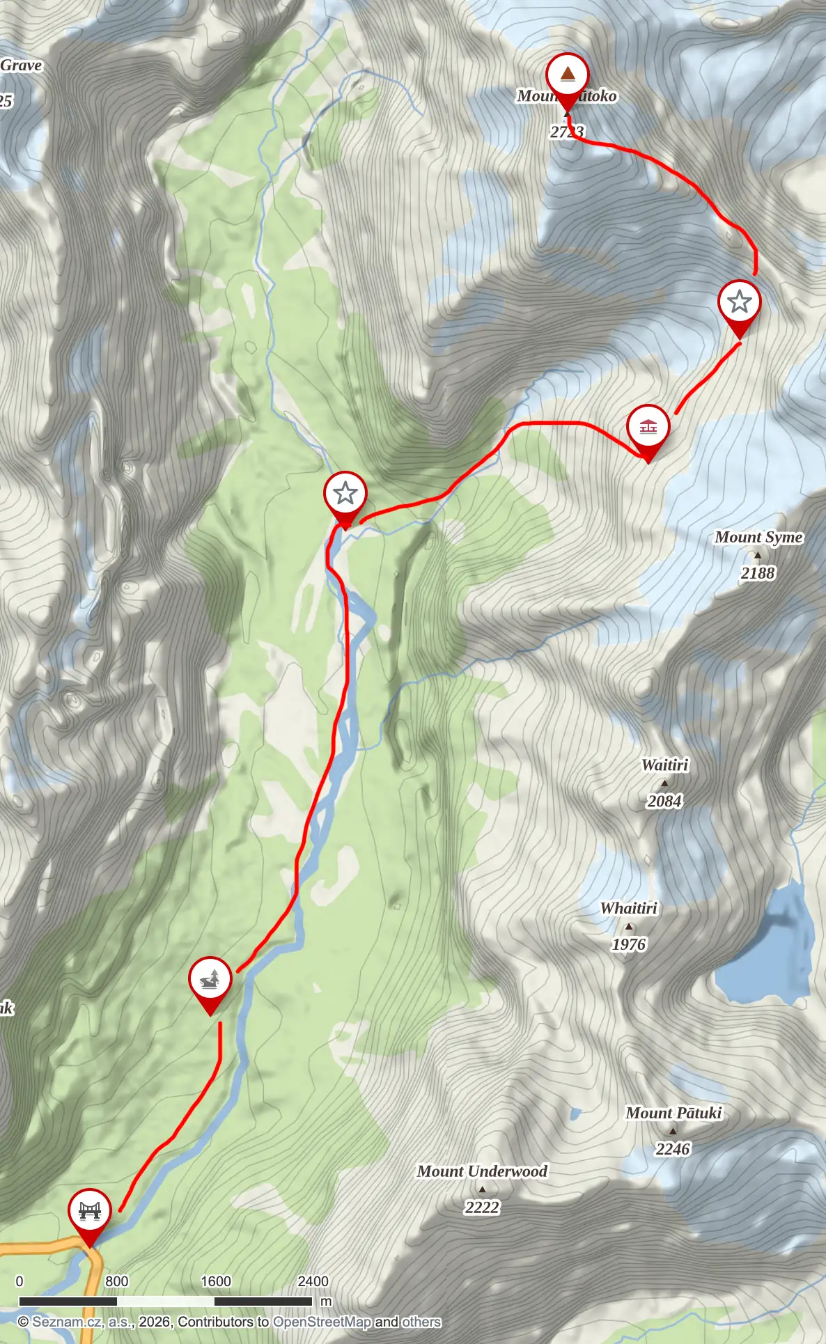Topographic map of Tutoko Valley and Mount Tutoko with a red hand-drawn route line and marked stops.