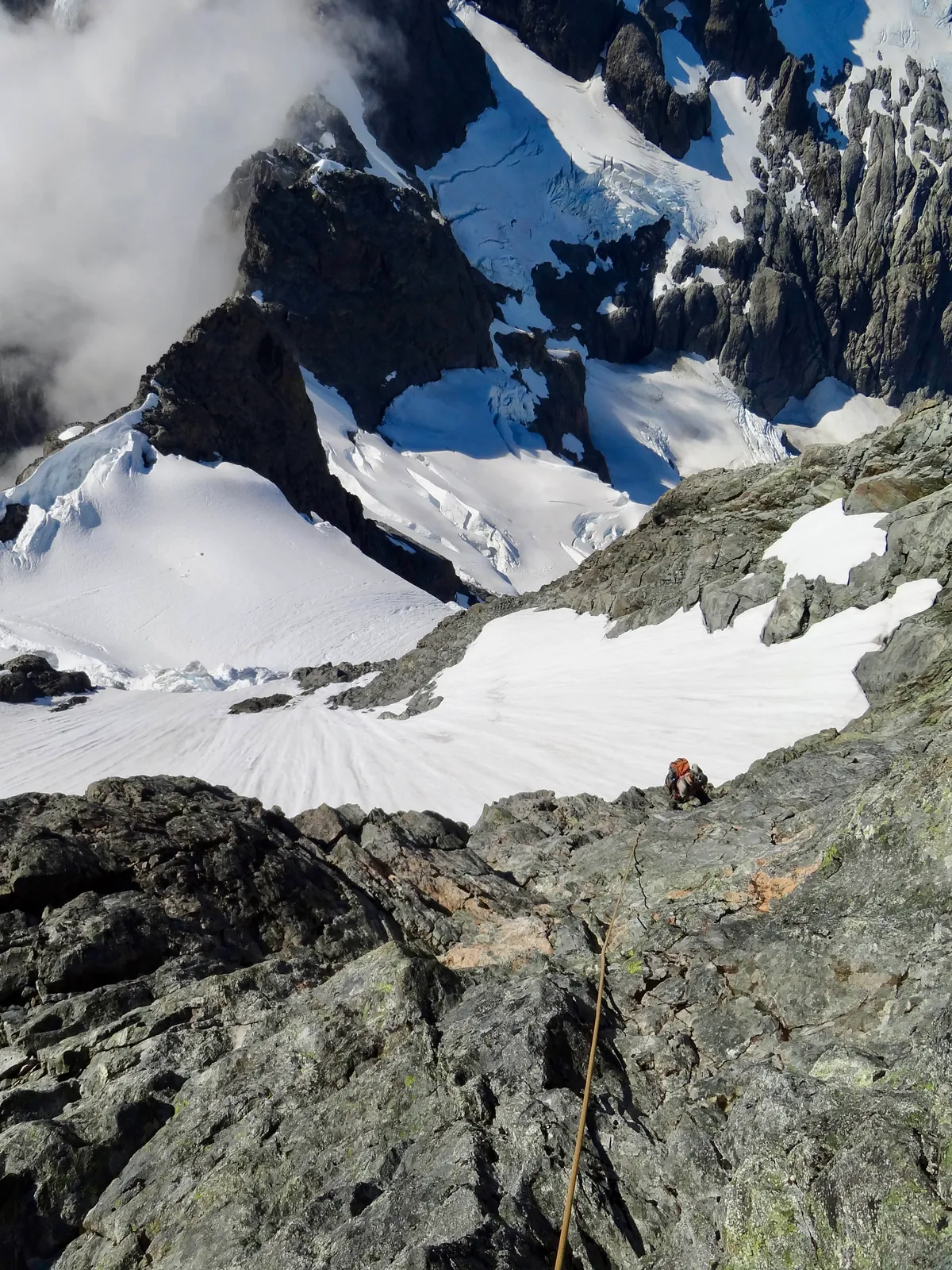 Joanna seconding a rock pitch on Mount Tutoko.