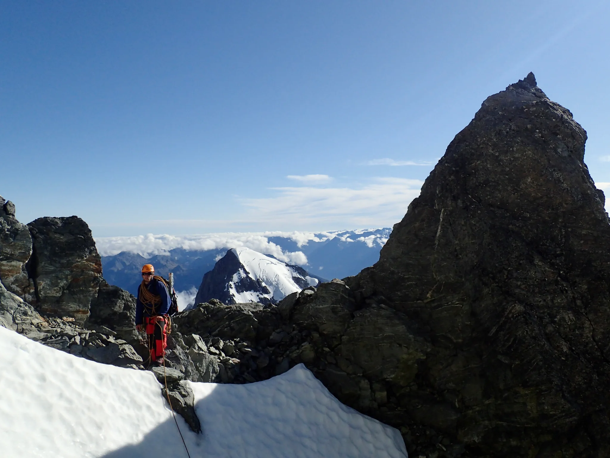Beginning of Mount Tutoko's snow ridge after the first rock pitch.