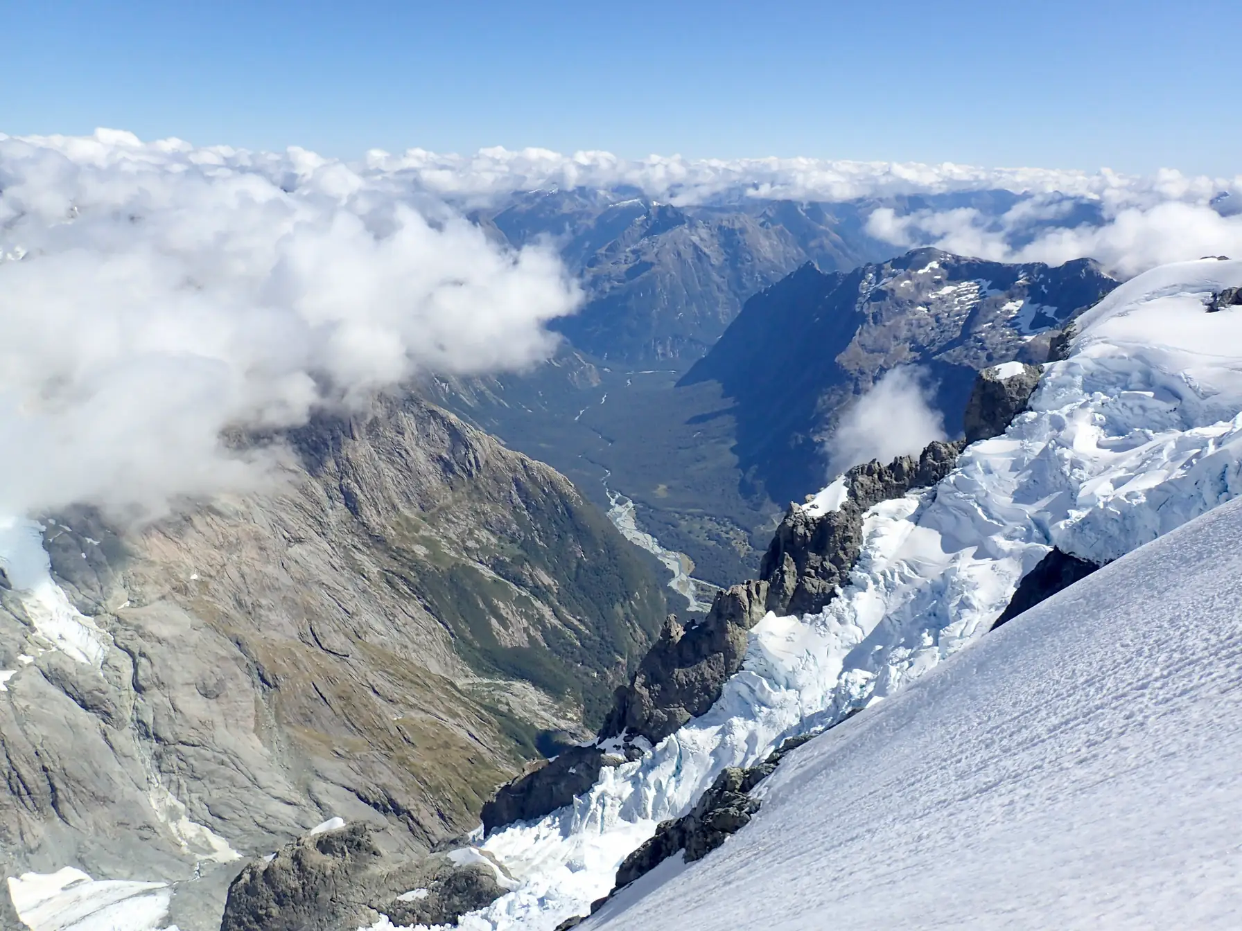 View of the Tutoko Valley from below Mount Tutoko's summit.