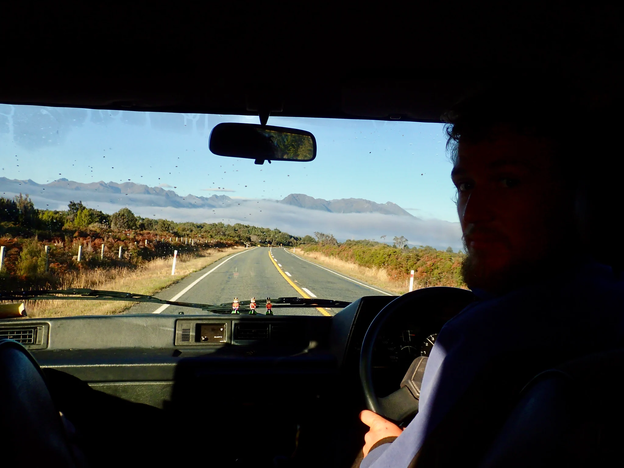 Driving the van on SH 94 towards Te Anau.