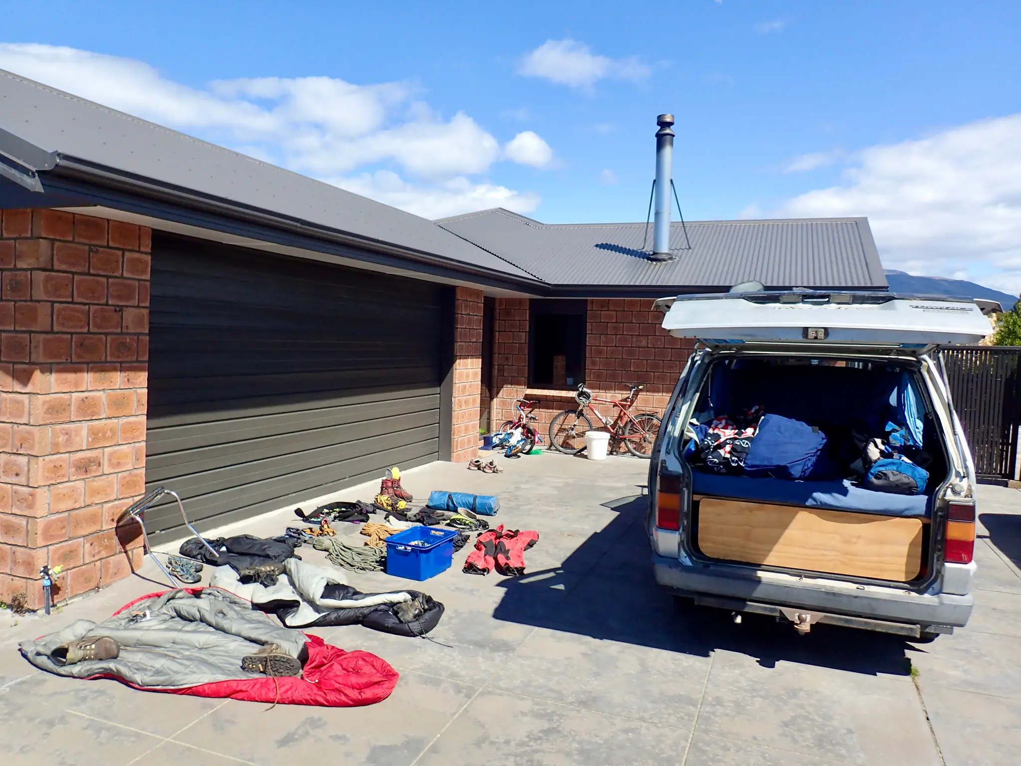 Our gear laid out in front of Tara and Jim's garage in Te Anau.